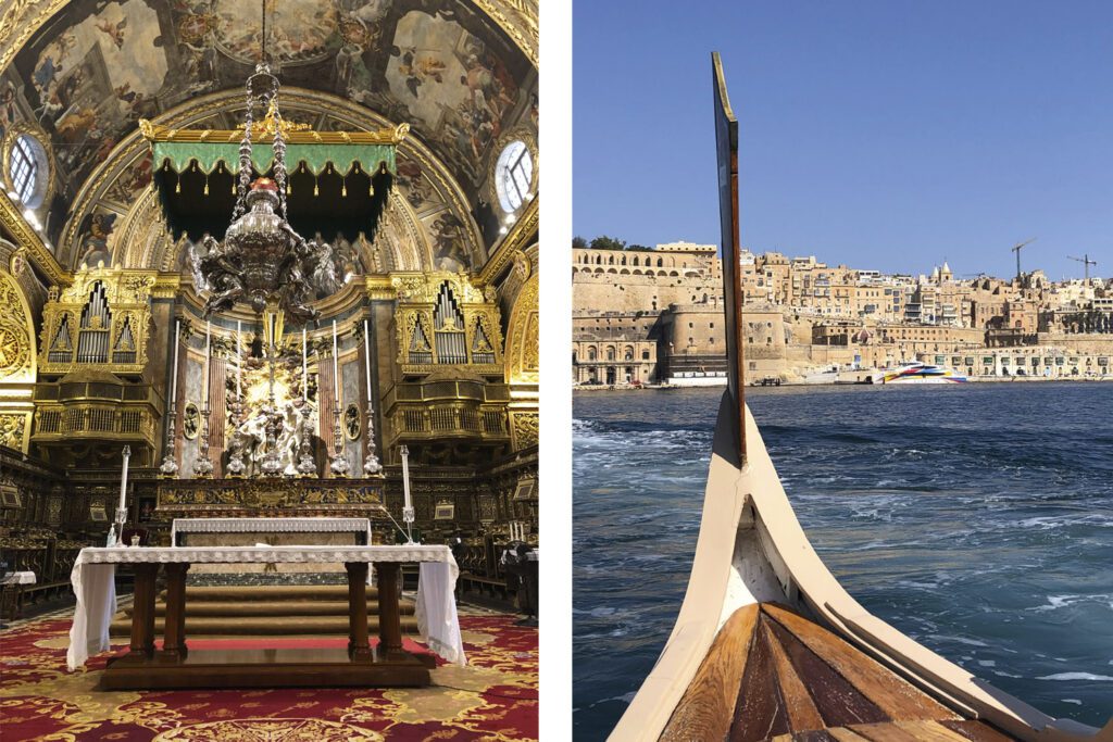 Links: St. John’s Cathedral | Rechts: Mit traditionellem Fischerboot geht’s ans andere Ufer nach Valetta (Fotos Iris Steiner)