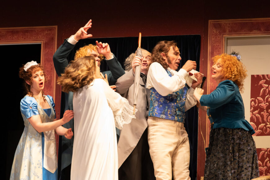Bogna Bernagiewicz (Susanna), Michael Tews (Figaro), Ania Vegry (Gräfin Almaviva), Rúni Brattaberg (Bartolo), Kay Stiefermann (Graf Almaviva) und Joslyn Rechter (Marcellina) (Foto Claudia Heysel)